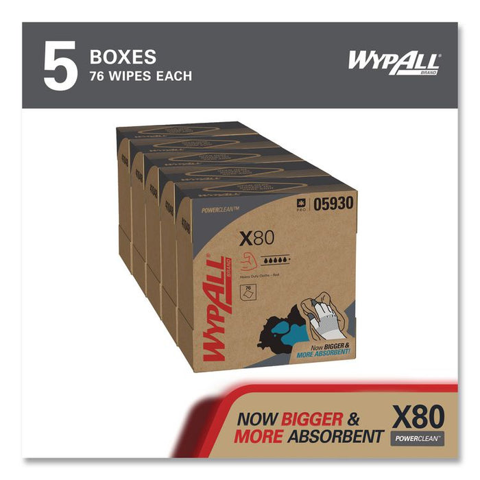 Power Clean X80 Heavy Duty Cloths, HYDROKNIT, POP-UP Box, 8.34 x 16.8, Red, 76/Box, 5 Box/Carton