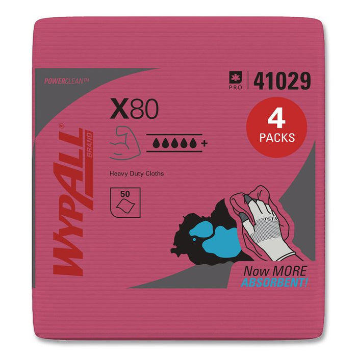 Power Clean X80 Heavy Duty Cloths, 12.5 x 12, Red, 50/Box, 4 Boxes/Carton
