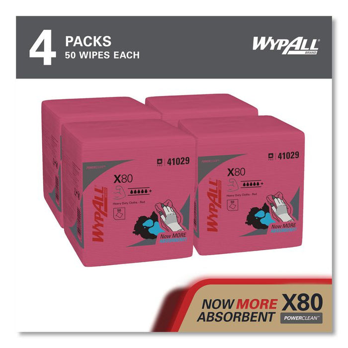 Power Clean X80 Heavy Duty Cloths, 12.5 x 12, Red, 50/Box, 4 Boxes/Carton