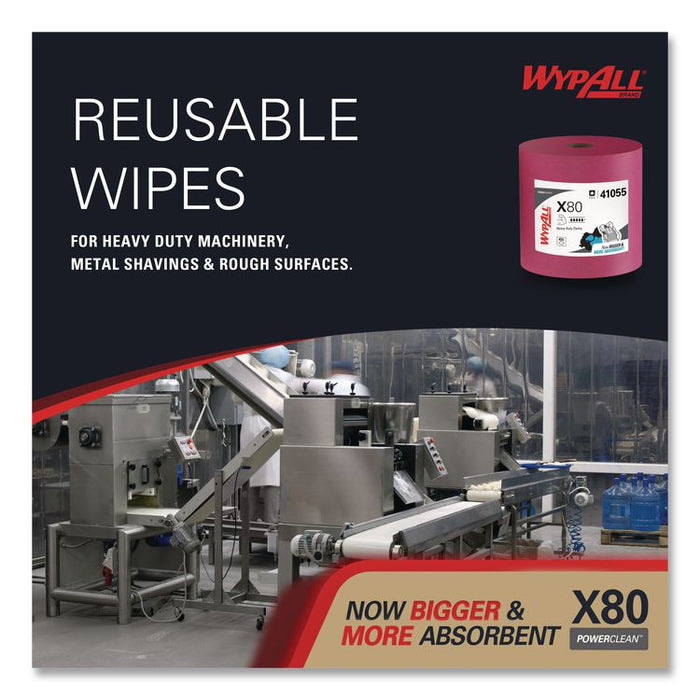 Power Clean X80 Heavy Duty Cloths, Jumbo Roll, Perforated,12.4 x 12.2, Red, 455 Wipers/Roll