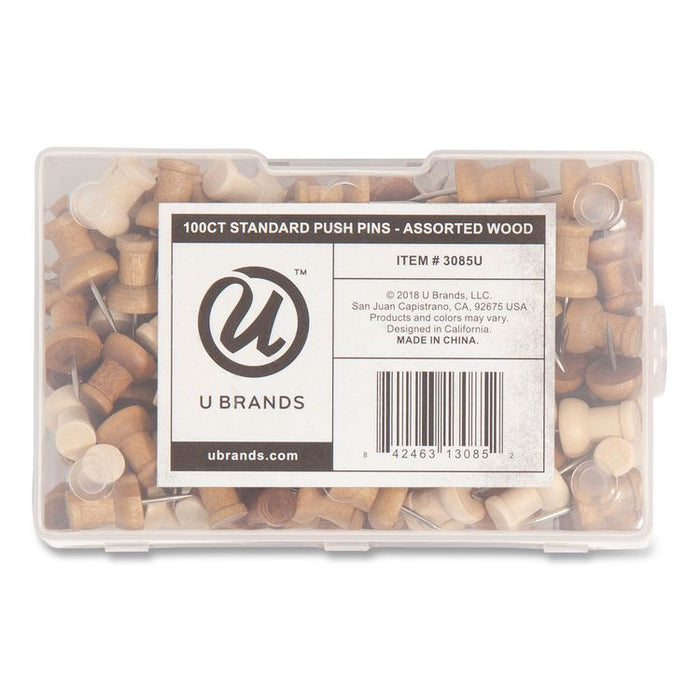 Fashion Push Pins, Wood, Assorted, 0.38", 100/Pack
