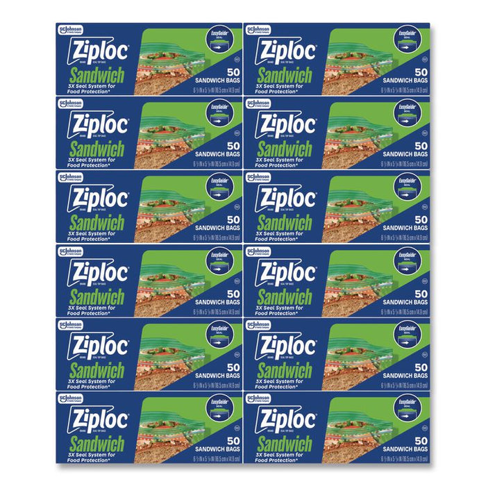 Resealable Sandwich Bags, 6.5" x 5.88", Clear, 50 Bags/Box, 12 Boxes/Carton