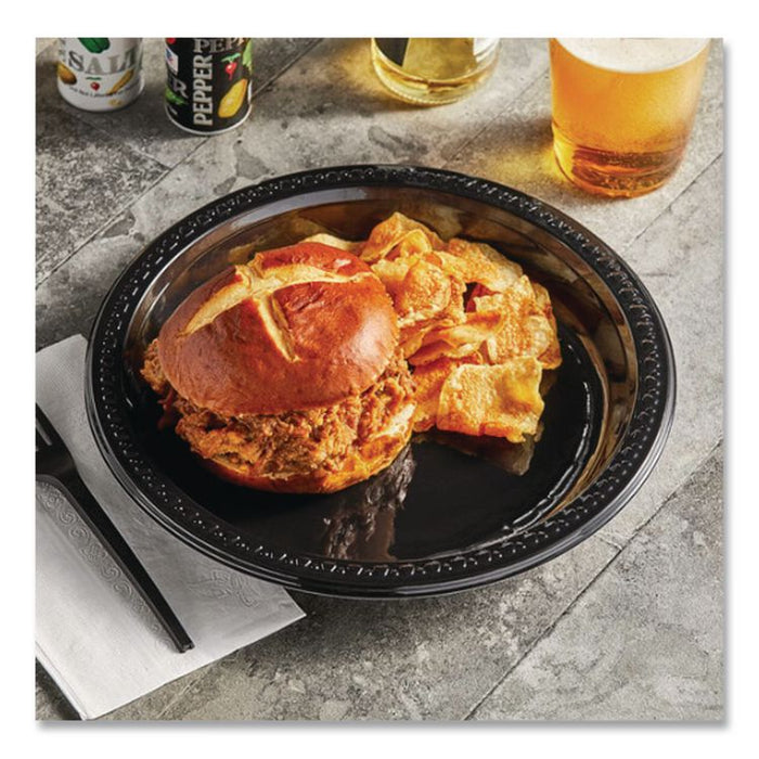 Heavyweight Plastic Plates, 9" dia, Black, 125/Pack, 4 Packs/Carton