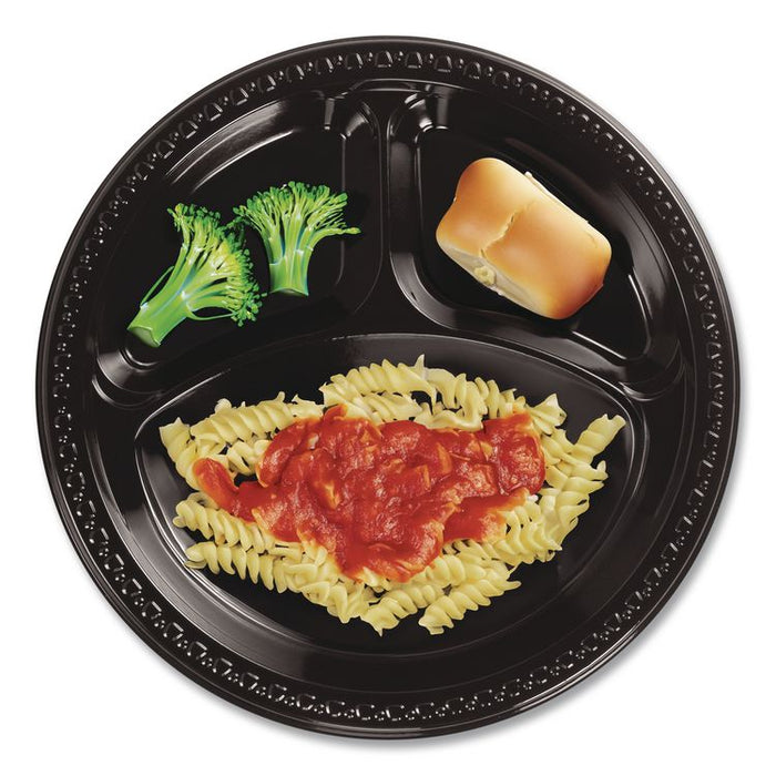 Heavyweight Plastic 3-Compartment Plates, 10.25" dia, Black, 125/Pack, 4 Packs/Carton