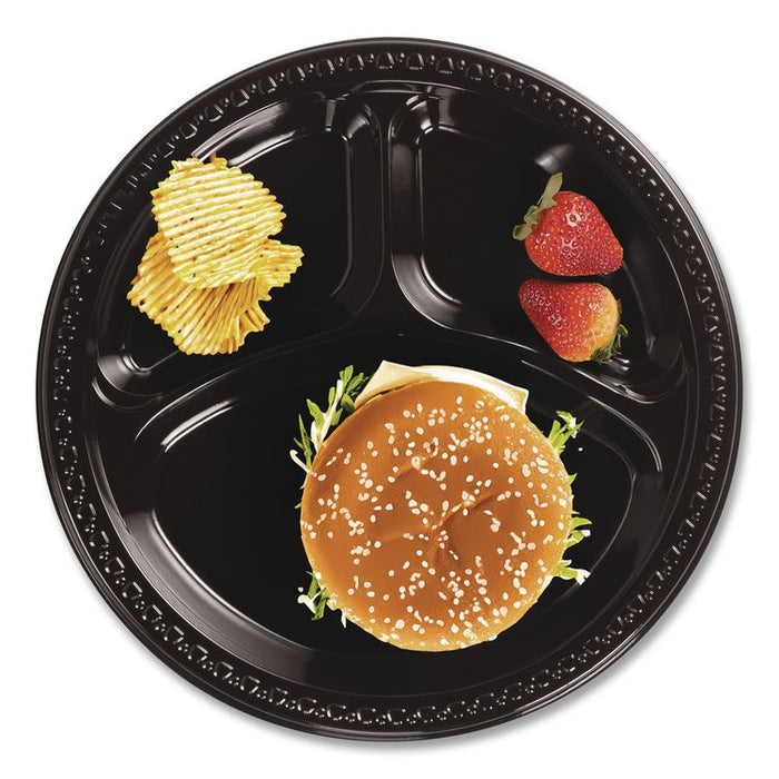 Heavyweight Plastic 3-Compartment Plates, 10.25" dia, Black, 125/Pack, 4 Packs/Carton