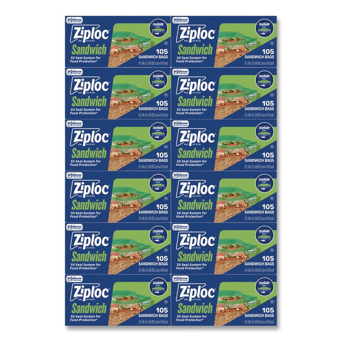 Resealable Sandwich Bags, 6.5" x 5.88", Clear, 105 Bags/Box, 12 Boxes/Carton