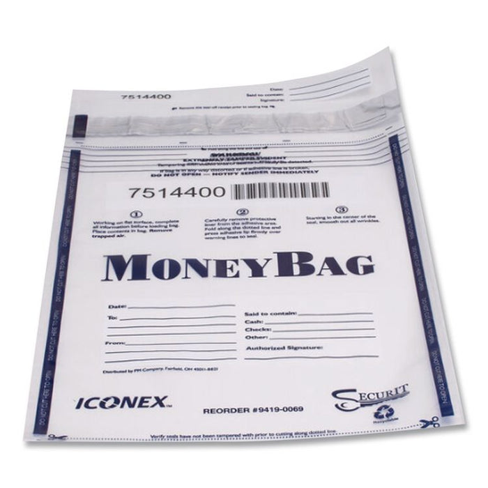 Tamper Evident Deposit Bag, Plastic, 9" x 12", White, 100/Pack