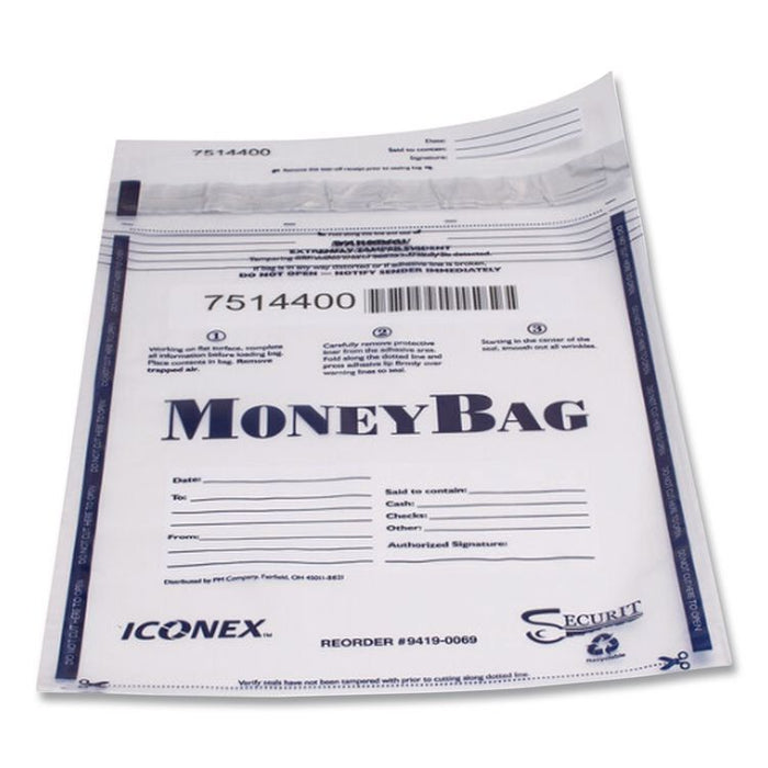 Tamper Evident Deposit Bag, Plastic, 9" x 12", Clear, 100/Pack