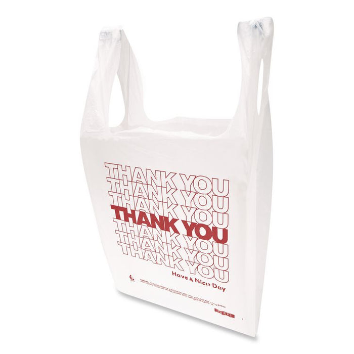 HDPE T-Shirt Bags, Thank You - Have a Nice Day Labeling, Cut-Out Handles, 12" x 7" x 23", White/Red, 500/Carton