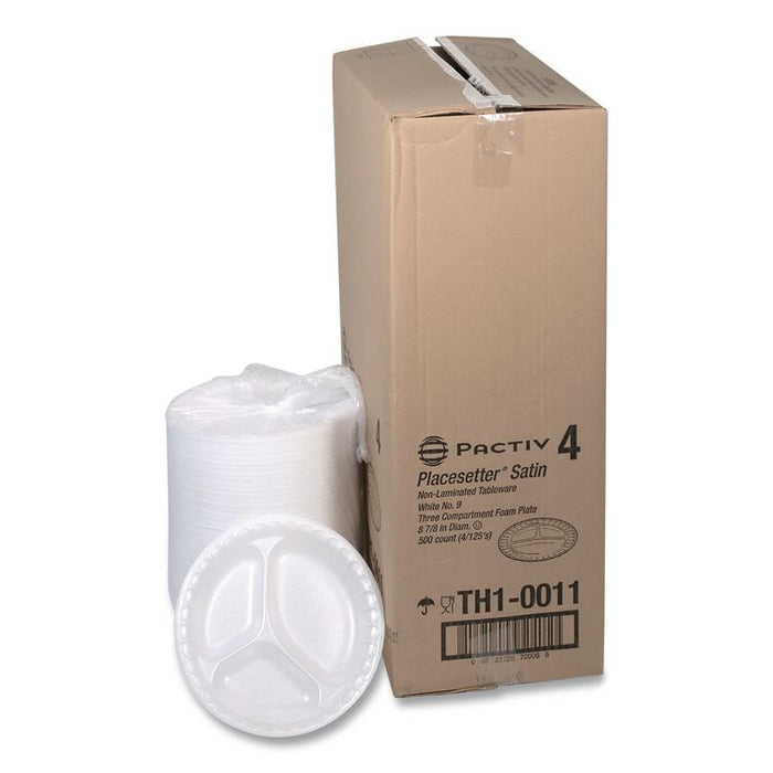 Placesetter Satin Non-Laminated Foam Dinnerware, 3-Compartment Plate, 9" dia, White, 500/Carton