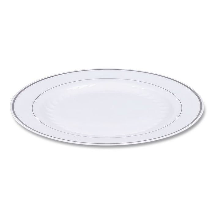 Masterpiece Plastic Plates, 10.25" dia, White/Silver, 10/Pack, 12 Packs/Carton