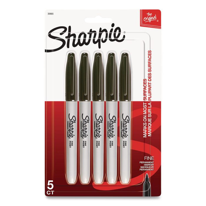 Fine Tip Permanent Marker, Fine Bullet Tip, Black, 5/Pack