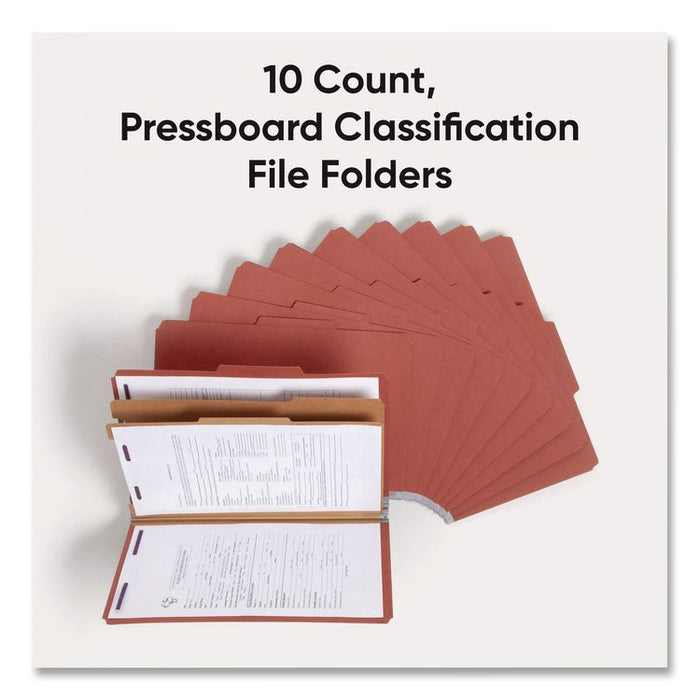Pressboard Classification Folders, 2/5-Cut Tab, Expands 2", 2 Dividers, 6 SafeSHIELD Fasteners, Legal Size, Red, 10/Box