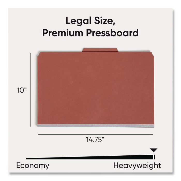 Pressboard Classification Folders, 2/5-Cut Tab, Expands 2", 2 Dividers, 6 SafeSHIELD Fasteners, Legal Size, Red, 10/Box