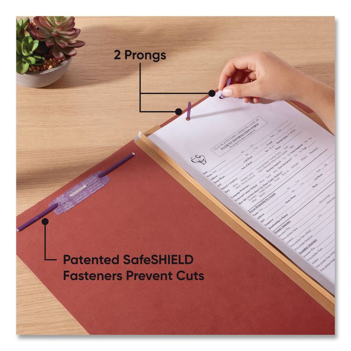 Pressboard Classification Folders, 2/5-Cut Tab, Expands 2", 2 Dividers, 6 SafeSHIELD Fasteners, Legal Size, Red, 10/Box