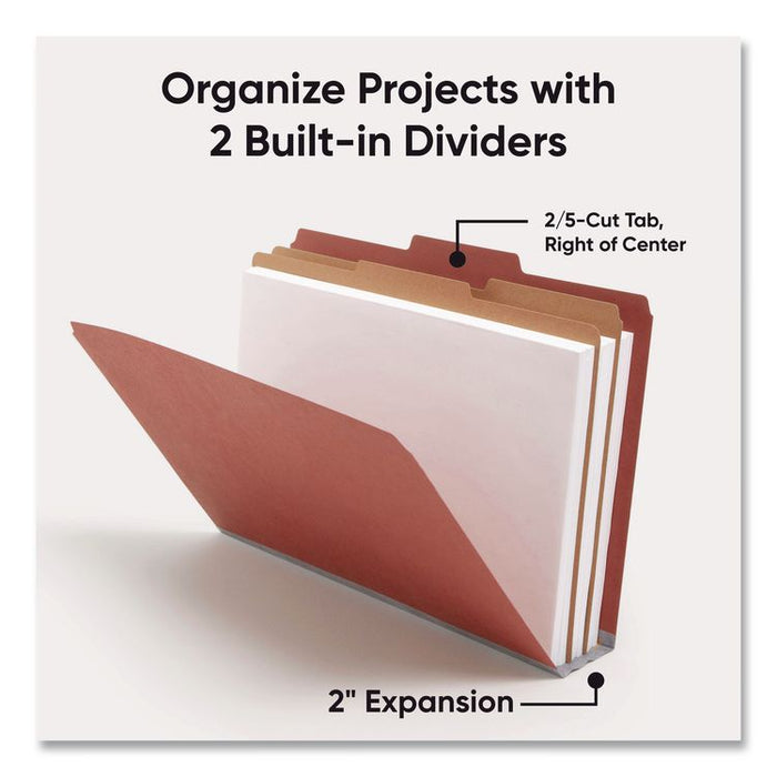 Pressboard Classification Folders, 2/5-Cut Tab, Expands 2", 2 Dividers, 6 SafeSHIELD Fasteners, Legal Size, Red, 10/Box