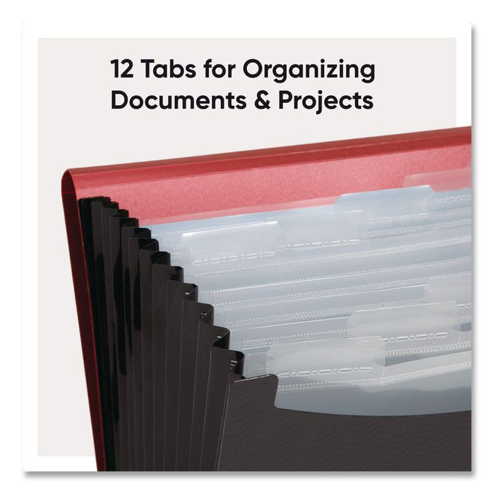 12-Pocket Poly Expanding File, 0.88" Expansion, 12 Sections, Cord/Hook Closure, 1/6-Cut Tabs, Letter Size, Black/Red