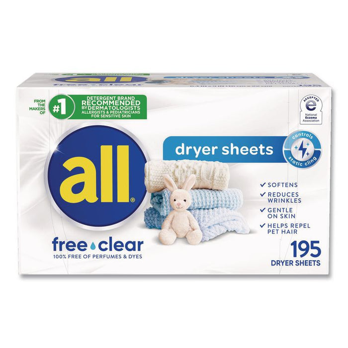 Free Clear Dryer Sheets, Fragrance Free, 195 Sheets/Pack, 6 Packs/Carton