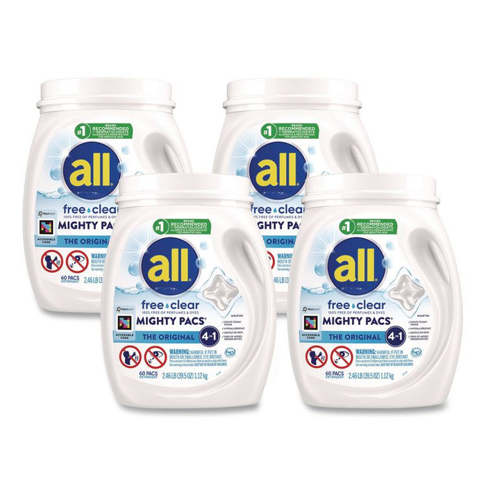 MIGHTY PACS Free Clear HE Laundry Detergent, 60 Pods/Tub, 4 Tubs/Carton