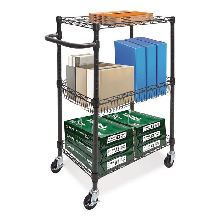 Three-Tier Wire Cart with Basket, Metal, 2 Shelves, 1 Bin, 500 lb Capacity, 28" x 16" x 39", Black Anthracite