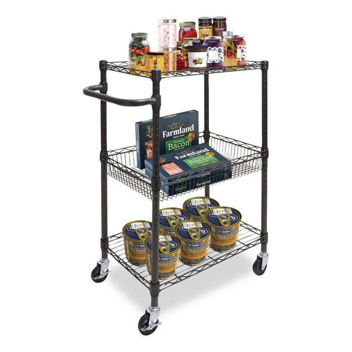 Three-Tier Wire Cart with Basket, Metal, 2 Shelves, 1 Bin, 500 lb Capacity, 28" x 16" x 39", Black Anthracite