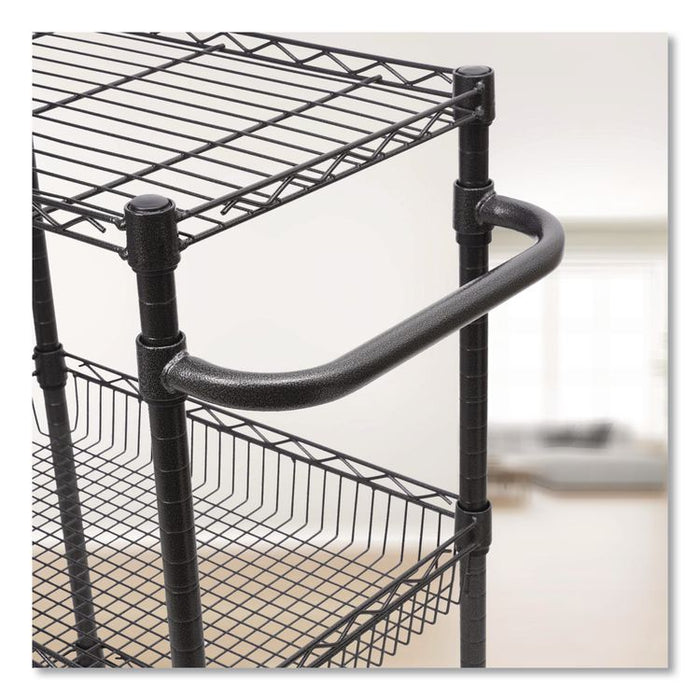 Three-Tier Wire Cart with Basket, Metal, 2 Shelves, 1 Bin, 500 lb Capacity, 28" x 16" x 39", Black Anthracite