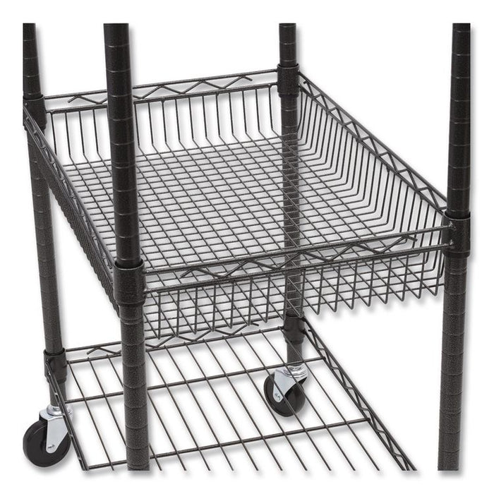 Three-Tier Wire Cart with Basket, Metal, 2 Shelves, 1 Bin, 500 lb Capacity, 28" x 16" x 39", Black Anthracite
