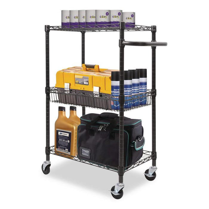 Three-Tier Wire Cart with Basket, Metal, 2 Shelves, 1 Bin, 500 lb Capacity, 28" x 16" x 39", Black Anthracite