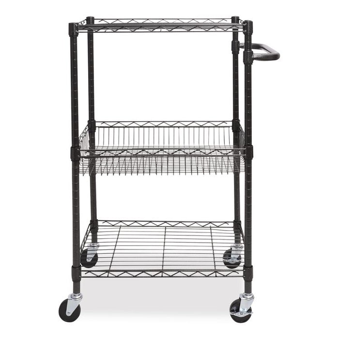 Three-Tier Wire Cart with Basket, Metal, 2 Shelves, 1 Bin, 500 lb Capacity, 28" x 16" x 39", Black Anthracite