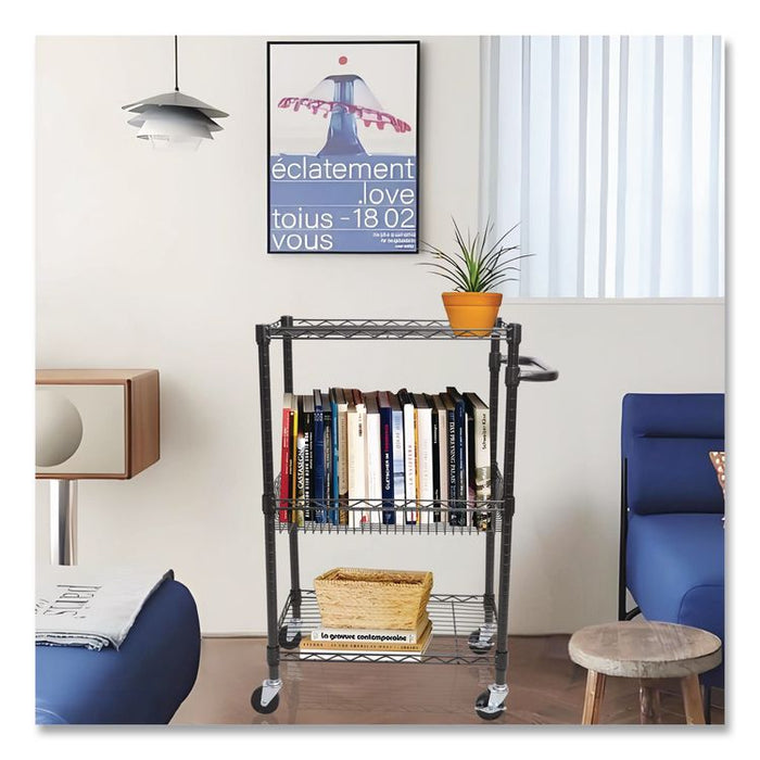 Three-Tier Wire Cart with Basket, Metal, 2 Shelves, 1 Bin, 500 lb Capacity, 28" x 16" x 39", Black Anthracite