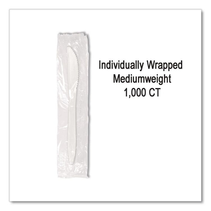 Individually Wrapped Mediumweight Cutlery, Knife, Plastic, White, 1,000/Carton