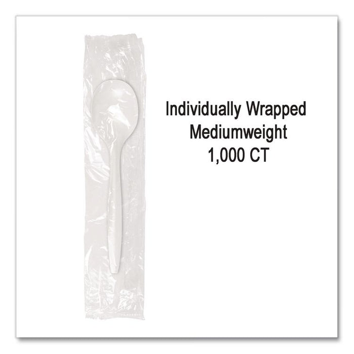 Individually Wrapped Mediumweight Cutlery, Soup Spoon, Plastic, White, 1,000/Carton