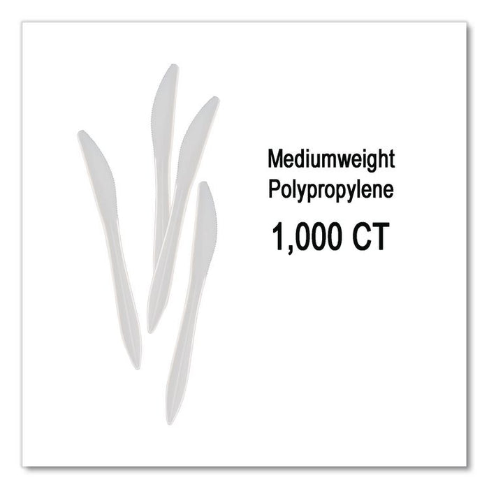 Mediumweight Polypropylene Cutlery, Knife, Plastic, White, 1,000/Carton
