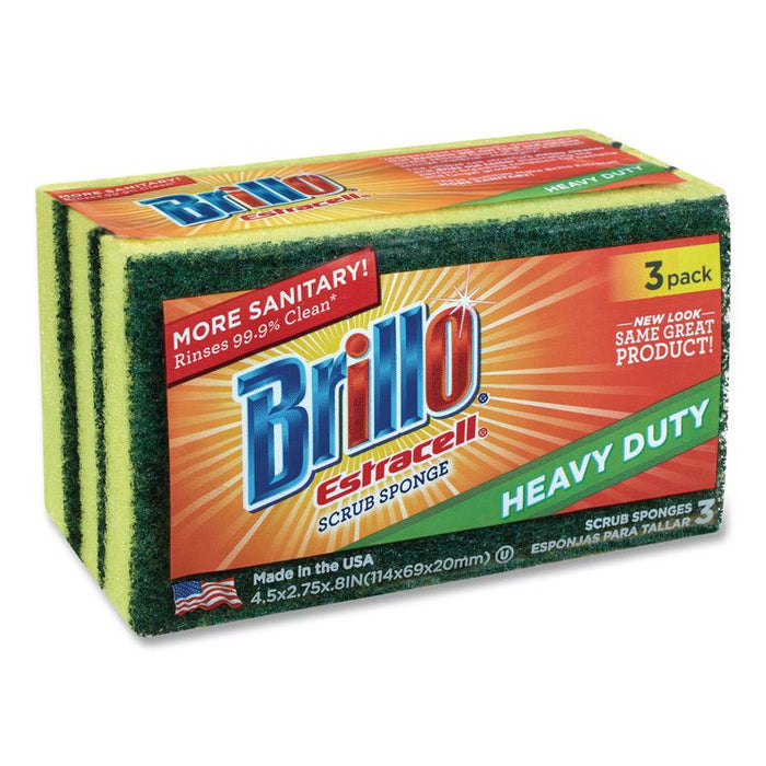 Estracell Heavy Duty Scrub Sponge, 4.5 x 2.75, 0.8" Thick, Yellow/Green, 3 Sponges/Pack, 8 Packs/Carton