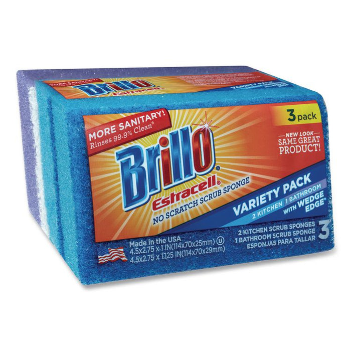 Estracell Scrub Sponge Variety Pack, 1 Bath, 2 Kitchen, 4.5 x 2.75, 1.12" Thick, Blue/Purple/White, 3/Pack, 8 Packs/Carton