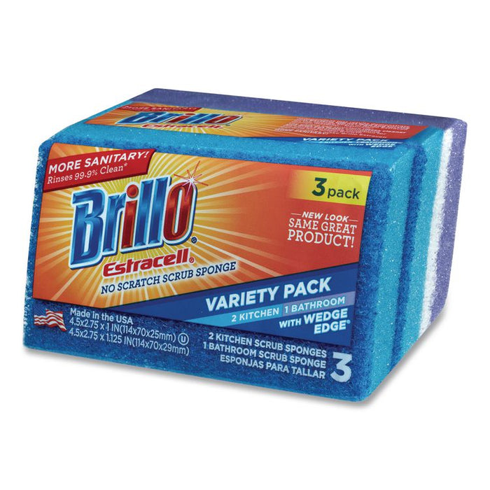 Estracell Scrub Sponge Variety Pack, 1 Bath, 2 Kitchen, 4.5 x 2.75, 1.12" Thick, Blue/Purple/White, 3/Pack, 8 Packs/Carton