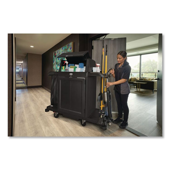Housekeeping Cart with Hood and Doors, Plastic, 4 Shelves,1 Bin, 24.4 x 62.4 x 56.9, Black