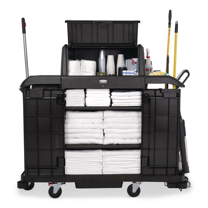 Housekeeping Cart with Hood and Doors, Plastic, 4 Shelves,1 Bin, 24.4 x 62.4 x 56.9, Black