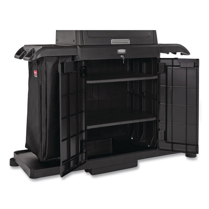Housekeeping Cart with Hood and Doors, Plastic, 4 Shelves,1 Bin, 24.4 x 62.4 x 56.9, Black