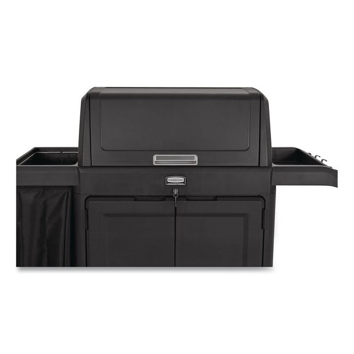 Housekeeping Cart with Hood and Doors, Plastic, 4 Shelves,1 Bin, 24.4 x 62.4 x 56.9, Black