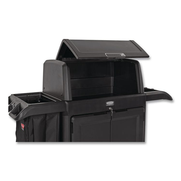 Housekeeping Cart with Hood and Doors, Plastic, 4 Shelves,1 Bin, 24.4 x 62.4 x 56.9, Black