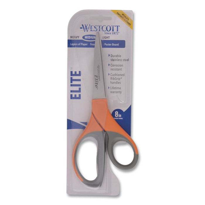 Elite Series Stainless Steel Shears, 8" Long, 3.5" Cut Length, Straight Orange Handle