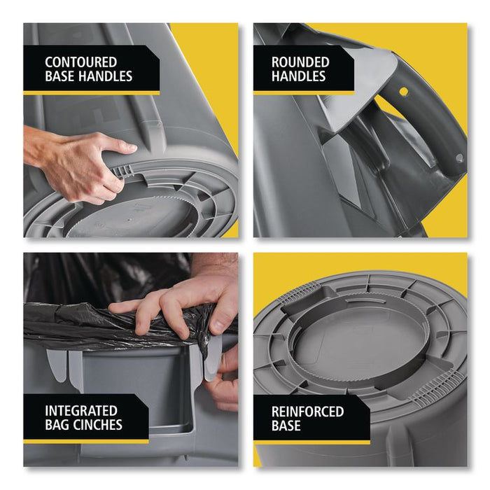 Vented Round Brute Container, 10 gal, Plastic, Gray