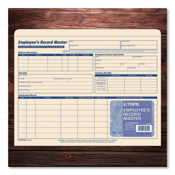 Employee Record Master File Jacket, Straight Tab, Letter Size, Manila, 15/Pack