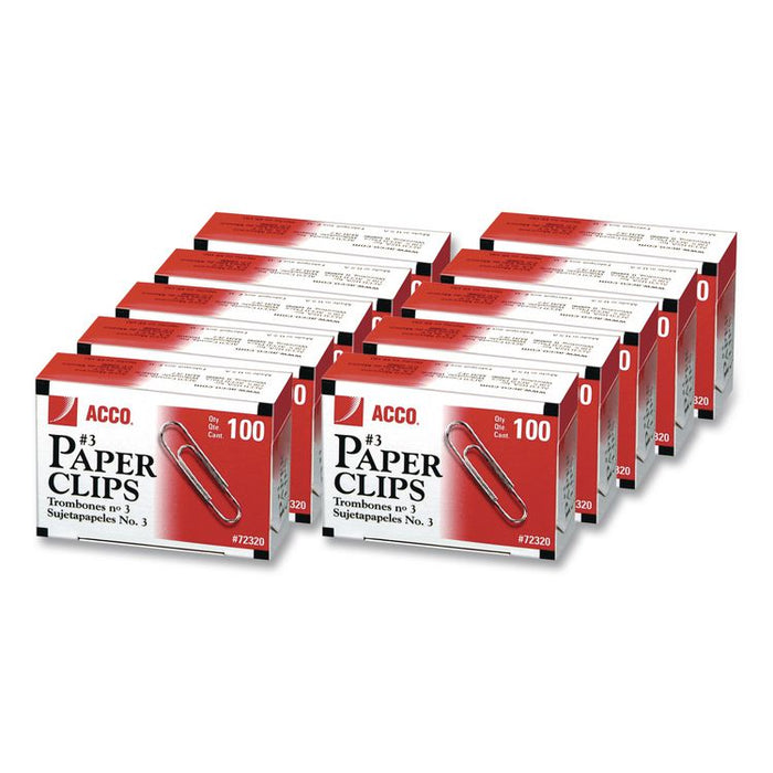 Paper Clips, #3, Smooth, Silver, 100 Clips/Box, 10 Boxes/Pack