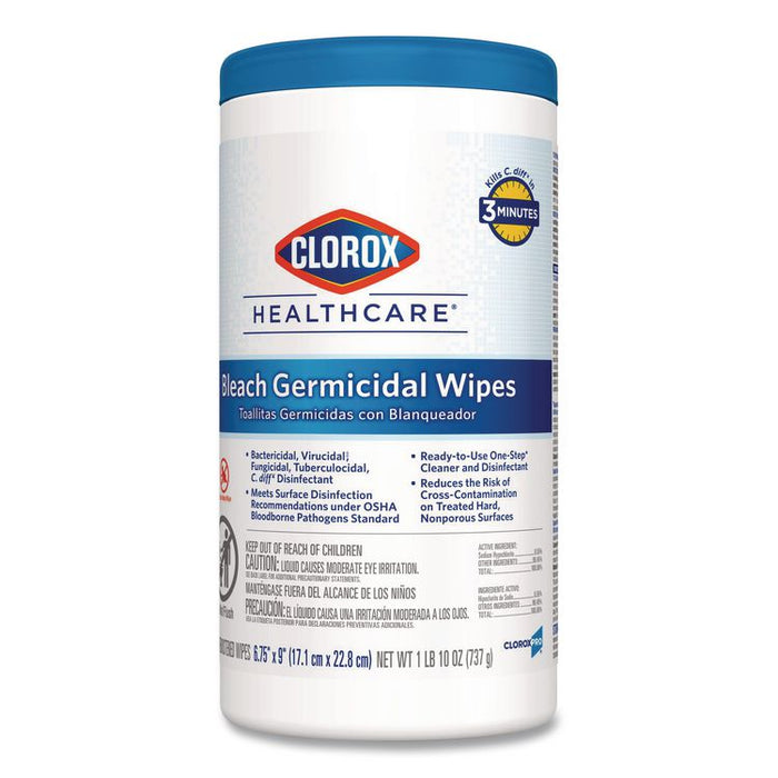Bleach Germicidal Wipes, 1-Ply, 6.75 x 9, Unscented, White, 70/Canister, 6 Canisters/Carton