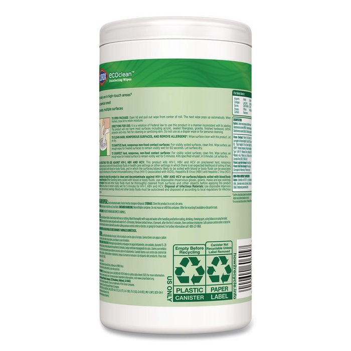 CloroxPro EcoClean Disinfecting Wipes, 1-Ply, 8 x 7, Unscented, White, 75 Count, 6/Carton