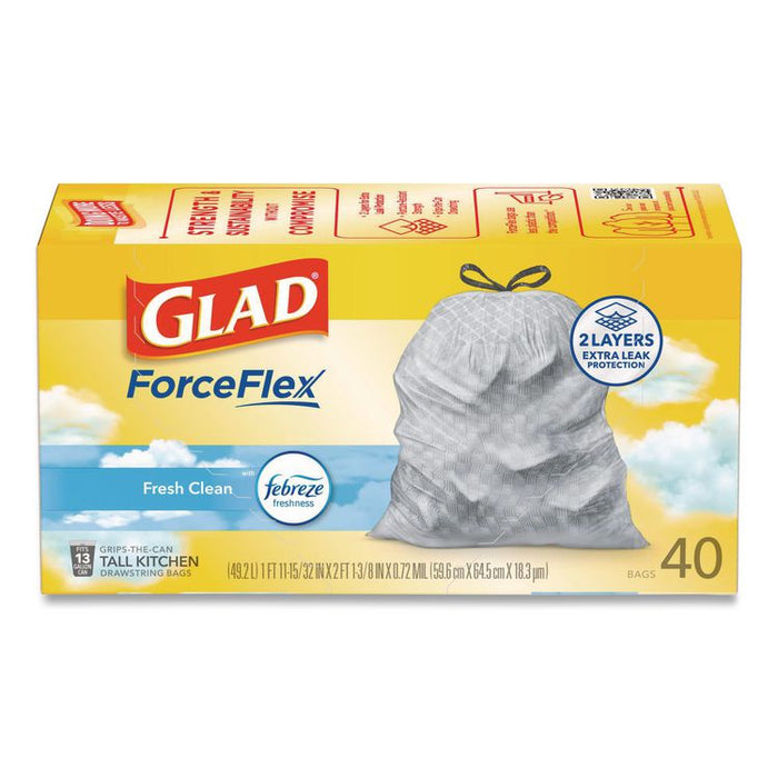 ForceFlex Kitchen Drawstring Trash Bags, 13 gal, Gain Fresh Clean Scent, 24 x 27.38, White, 40 Bags/Box, 6 Boxes/Carton