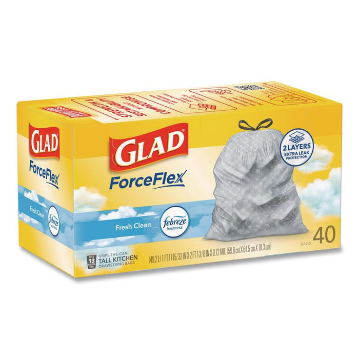 ForceFlex Kitchen Drawstring Trash Bags, 13 gal, Gain Fresh Clean Scent, 24 x 27.38, White, 40 Bags/Box, 6 Boxes/Carton