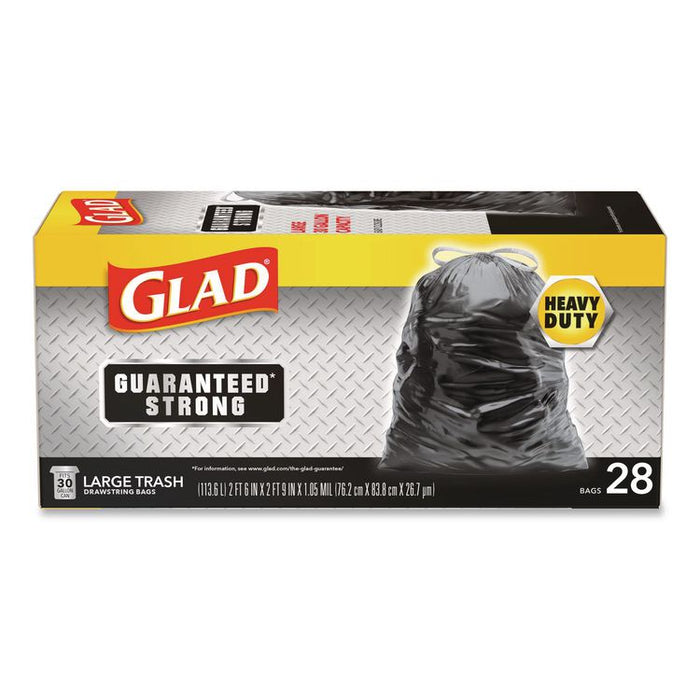 Guaranteed Strong Large Drawstring Trash Bags, Three-Ply, 30 gal, 1.05 mil, 30 x 33, Black, 28 Bags/Box, 6 Boxes/Carton